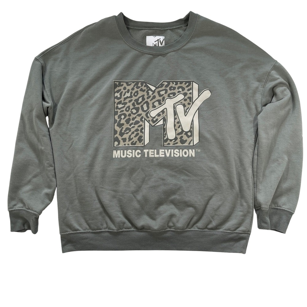 MTV Music Television Graphic Sweatshirt‎ Olive Green Leopard Print Logo Medium - Picture 3 of 6